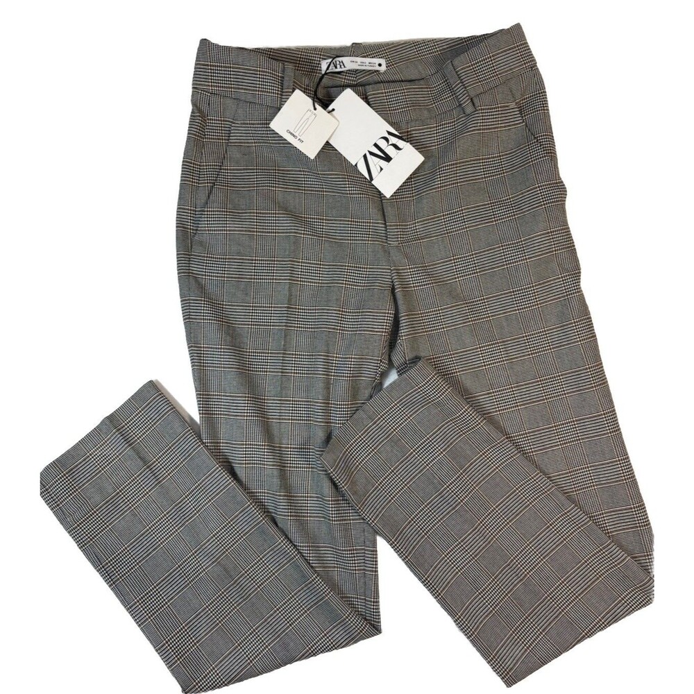 NWT Zara Black Brown Plaid Size 2 Chino Split Ankle Pant
